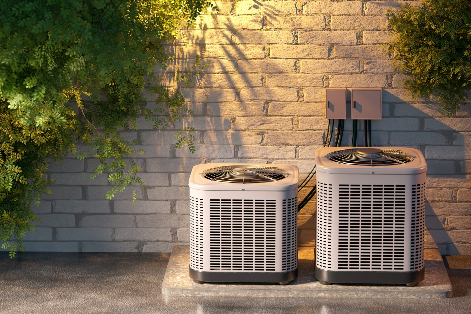 Residential AC condenser units outside an East Valley home at golden hour